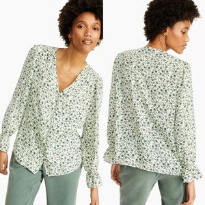 Alfani Green Floral Print V-Neck Sheet Button Up Blouse Size Medium NWT